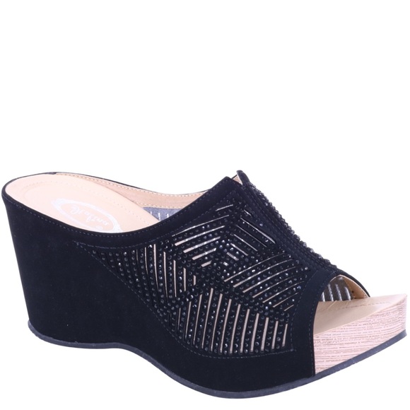 Restocked! Studded Bright Black Rhinestone Wedge Platform Heeled Sandal Mules - Picture 6 of 11